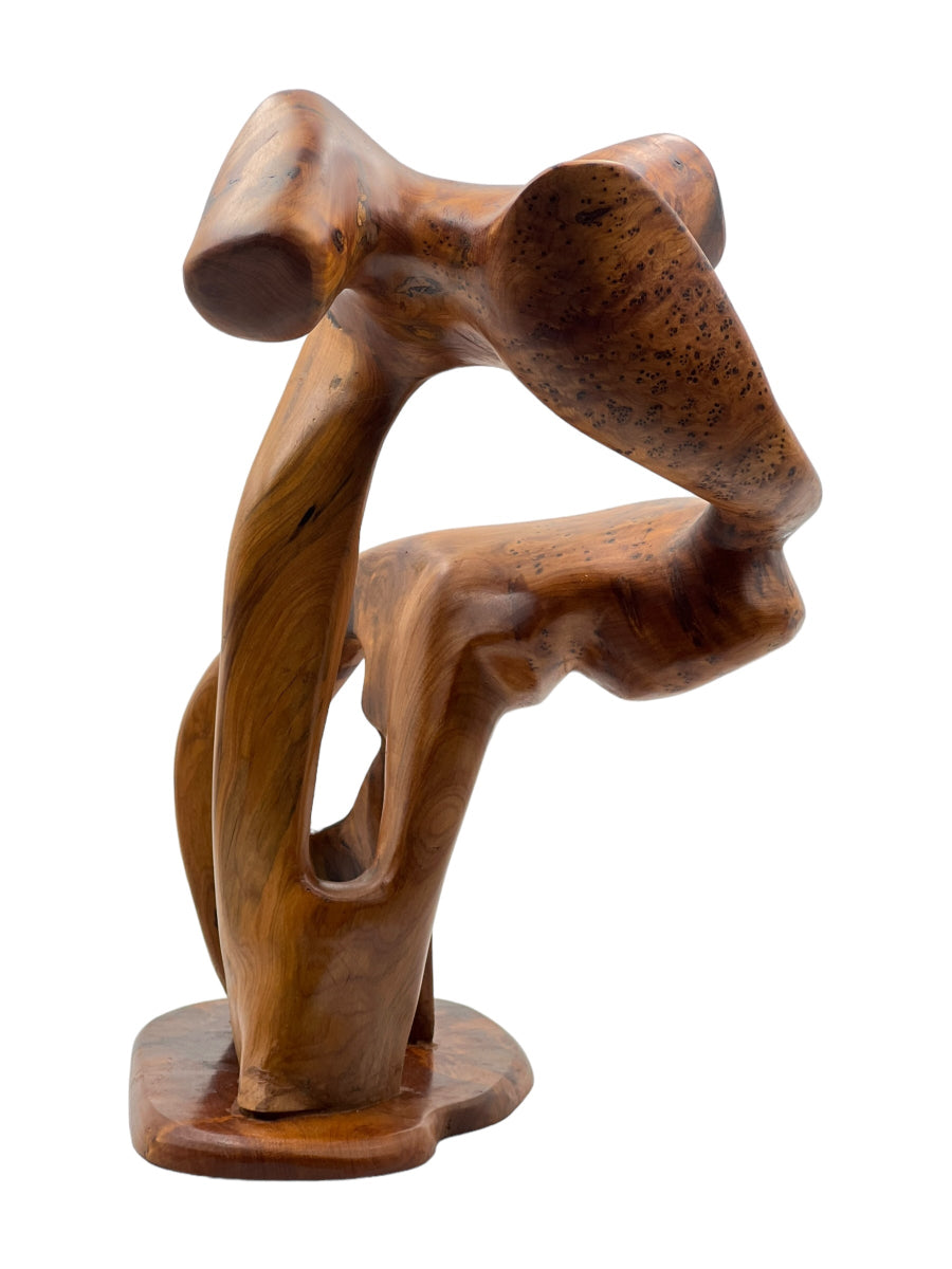 Wooden sculpture of abstract forms on a white background