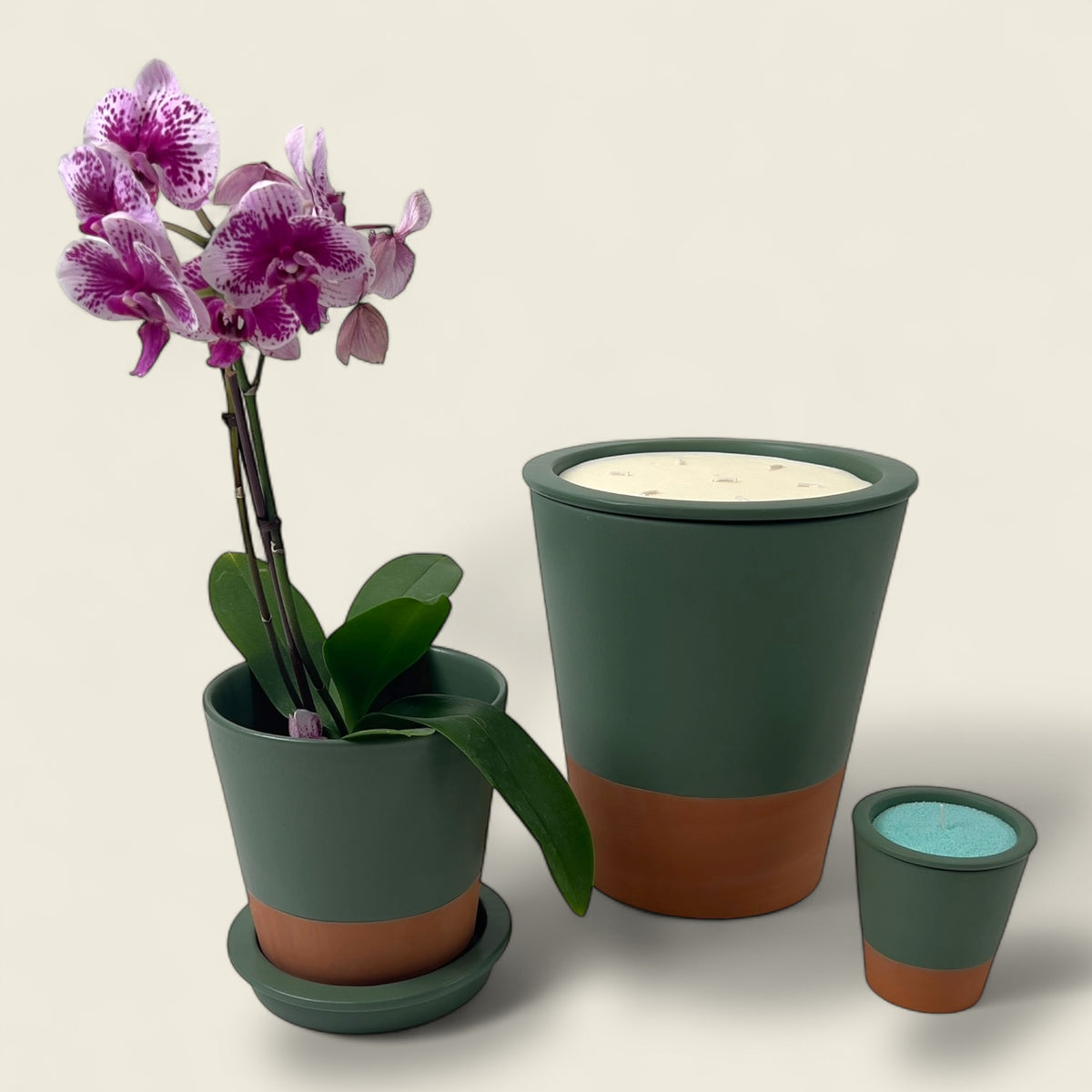 The Nora Vert Moroccan Candle Set features vibrant green hand-painted clay pots, handcrafted in Marrakesh from organic red clay. Filled with either sand or natural wax candles, these versatile vessels can also be repurposed as elegant flower pots after use—blending Moroccan artistry with sustainable, multifunctional design.