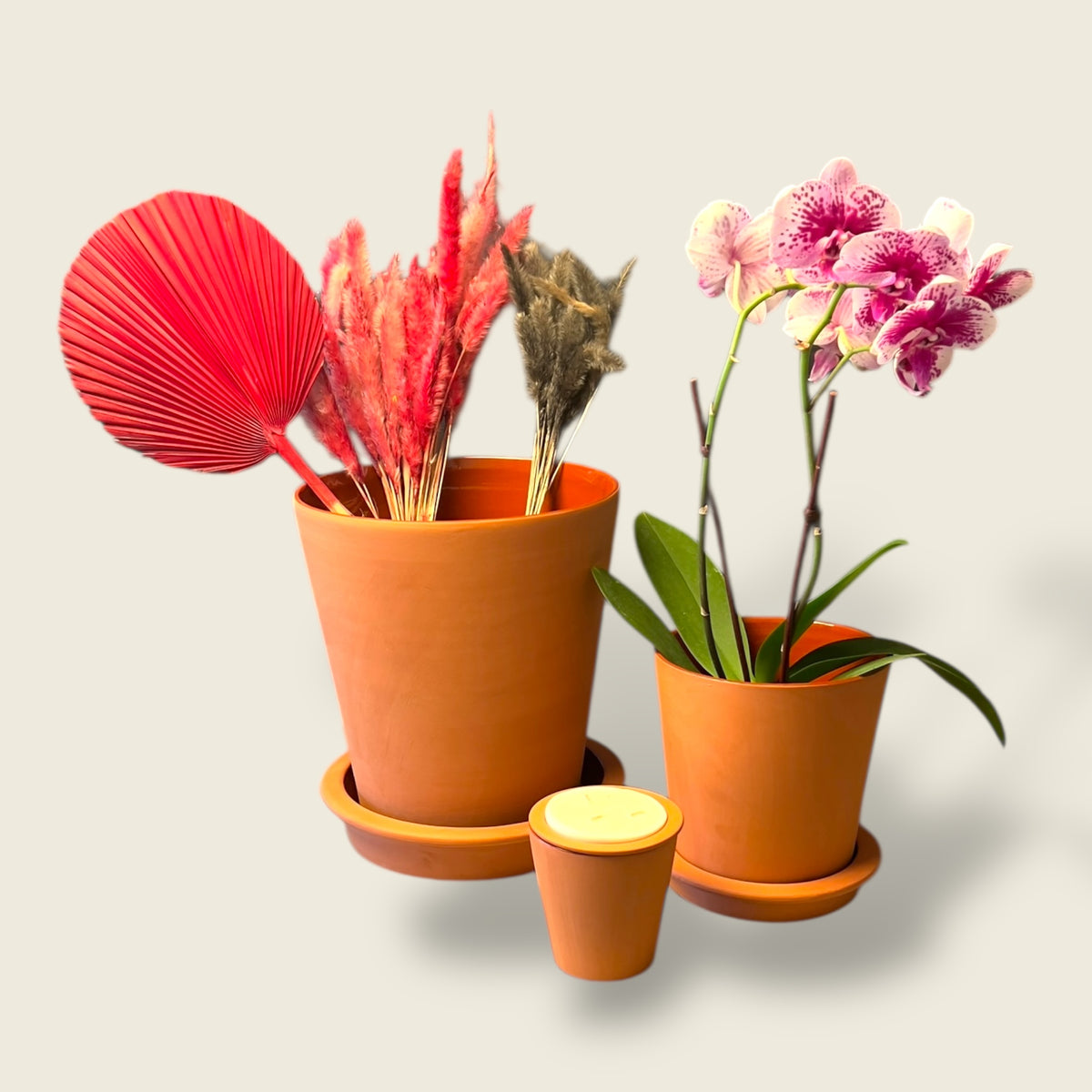 Celebrate form, function, and nature with the Nora Brute Candle collection from Dary Living. These handcrafted Moroccan clay pots, finished in earthy raw terracotta, come in three sizes:

Large — beautifully styled with naturally dyed dried flowers
Medium — perfect as a vase for a live flower arrangement
Small — filled with organic sand wax, ready to illuminate your space
Each piece is shaped by hand in Marrakesh using organic red clay, preserving traditional craftsmanship with a modern, multi-purpose twist